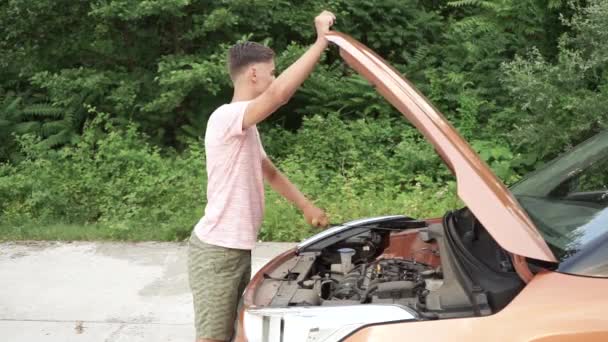 Problemas Com Carro Motorista Principiante Estrada Motorista Pede Ajuda Nervoso — Vídeo de Stock