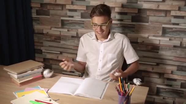 Teen Having Fun Class Homework Young Man Juggles Pieces Paper — Stock Video