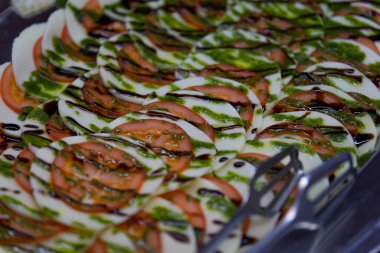 Tabağında fesleğen yaprakları olan domates ve mozzarella. Kapat.