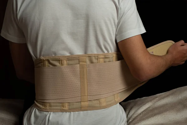 Man Sitting Bed Has Pain Back Spine Support Muscle Back — Stock Photo, Image