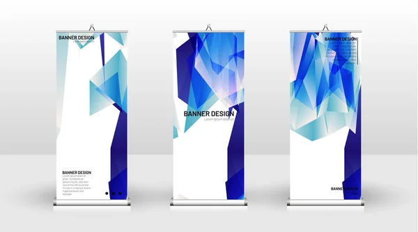 Design vertikaler Banner-Vorlagen. kann für Broschüren, Cover, Veröffentlichungen usw. verwendet werden. Konzept eines dreieckigen Designs Hintergrundmuster mit der Farbe blau — Stockvektor