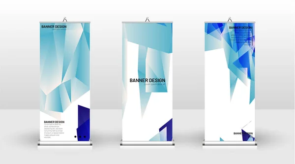 Diseño de plantilla de banner vertical. puede ser utilizado para folletos, portadas, publicaciones, etc. Concepto de un patrón de fondo de diseño triangular con color azul — Vector de stock