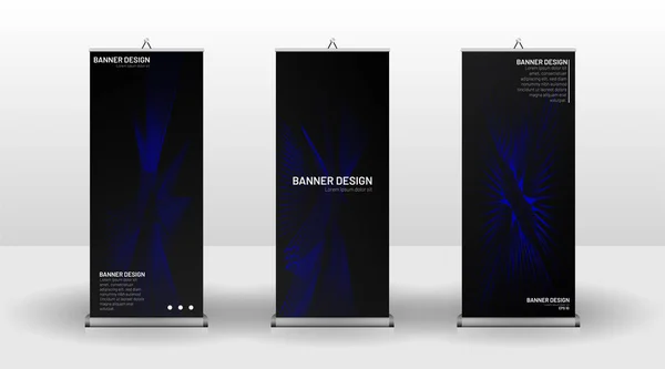 Diseño de plantilla de banner vertical. puede ser utilizado para folletos, portadas, publicaciones, etc. líneas onduladas vector fondo azul y negro . — Vector de stock