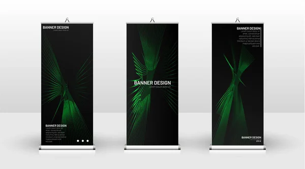 Diseño de plantilla de banner vertical. puede ser utilizado para folletos, portadas, publicaciones, etc. líneas onduladas vector verde y negro fondo . — Vector de stock