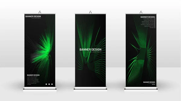 Diseño de plantilla de banner vertical. puede ser utilizado para folletos, portadas, publicaciones, etc. líneas onduladas vector verde y negro fondo . — Vector de stock