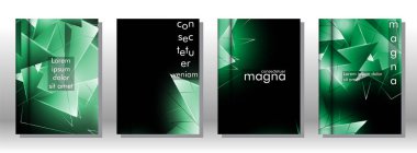 kitap ışık Üçgen arka plan kapağı ayarlayın. 3b üçgenlerin soyut kompozisyonu. Modern geometrik yeşil arka planlar izole siyah