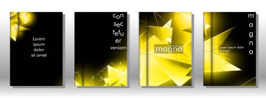 kitap ışık Üçgen arka plan kapağı ayarlayın. 3b üçgenlerin soyut kompozisyonu. Modern geometrik sarı arka planlar siyah izole