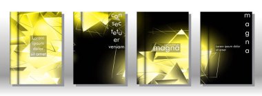 kitap ışık Üçgen arka plan kapağı ayarlayın. 3b üçgenlerin soyut kompozisyonu. Modern geometrik sarı arka planlar siyah izole