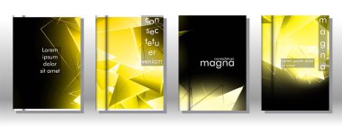 kitap ışık Üçgen arka plan kapağı ayarlayın. 3b üçgenlerin soyut kompozisyonu. Modern geometrik sarı arka planlar siyah izole