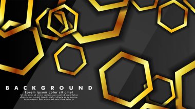 Metin ve arka plan tasarımı için siyah alanda altıgen altın renk degradeleriyle örtüşen vektör arka plan tasarımı