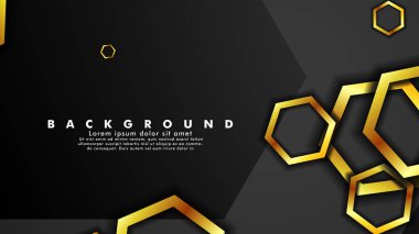 Metin ve arka plan tasarımı için siyah alanda altıgen altın renk degradeleriyle örtüşen vektör arka plan tasarımı