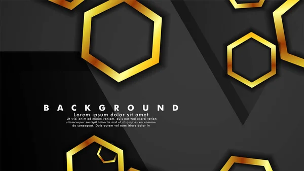 テキストと背景のデザインのための黒いスペースに六角形の金色のグラデーションと重なるベクトル背景デザイン — ストックベクタ