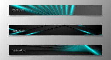Banner koleksiyonu, karanlık bir odada parlayan neon mavi çizgili vektör arka plan.