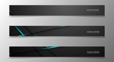 Banner koleksiyonu, karanlık bir odada parlayan neon mavi çizgili vektör arka plan.
