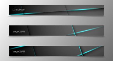 Banner koleksiyonu, karanlık bir odada parlayan neon mavi çizgili vektör arka plan.