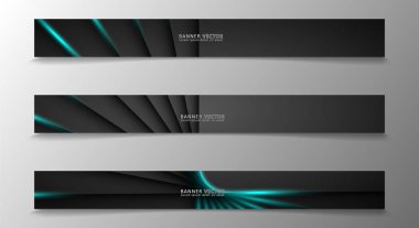 Banner koleksiyonu, karanlık bir odada parlayan neon mavi çizgili vektör arka plan.