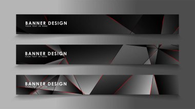 Kare afiş vektör koleksiyonu . Lüks koyu poligonal desen li ve kırmızı üçgen çizgileri olan siyah premium arka plan