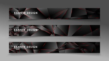 Kare afiş vektör koleksiyonu . Lüks koyu poligonal desen li ve kırmızı üçgen çizgileri olan siyah premium arka plan