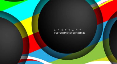 Metin ve arka plan tasarımları için siyah uzay çemberindeki katmanları çakışan renkli geometrik vektör arka planlar