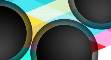 Metin ve arka plan tasarımları için siyah uzay çemberindeki katmanları çakışan renkli geometrik vektör arka planlar