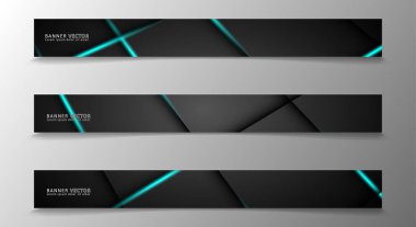 Banner koleksiyonu, karanlık bir odada parlayan neon mavi çizgili vektör arka plan.