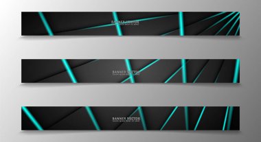 Banner koleksiyonu, karanlık bir odada parlayan neon mavi çizgili vektör arka plan.