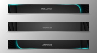 Banner koleksiyonu, karanlık bir odada parlayan neon mavi çizgili vektör arka plan.