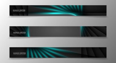 Banner koleksiyonu, karanlık bir odada parlayan neon mavi çizgili vektör arka plan.
