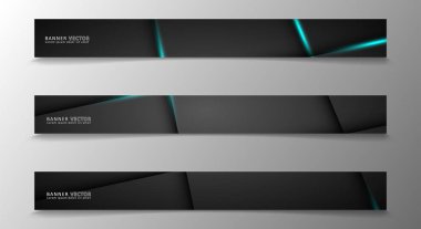 Banner koleksiyonu, karanlık bir odada parlayan neon mavi çizgili vektör arka plan.