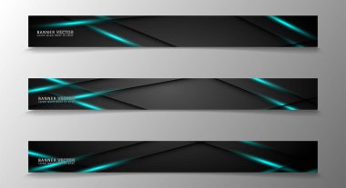 Banner koleksiyonu, karanlık bir odada parlayan neon mavi çizgili vektör arka plan.