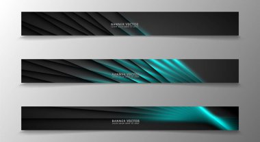 Banner koleksiyonu, karanlık bir odada parlayan neon mavi çizgili vektör arka plan.