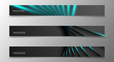 Banner koleksiyonu, karanlık bir odada parlayan neon mavi çizgili vektör arka plan.