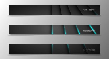 Banner koleksiyonu, karanlık bir odada parlayan neon mavi çizgili vektör arka plan.