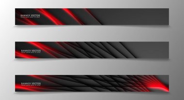 Banner koleksiyonu, karanlık bir odada parlayan neon kırmızı çizgili vektör arka plan.