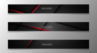 Banner koleksiyonu, karanlık bir odada parlayan neon kırmızı çizgili vektör arka plan.