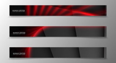 Banner koleksiyonu, karanlık bir odada parlayan neon kırmızı çizgili vektör arka plan.
