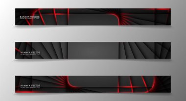 Banner koleksiyonu, karanlık bir odada parlayan neon kırmızı çizgili vektör arka plan.