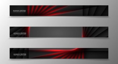 Banner koleksiyonu, karanlık bir odada parlayan neon kırmızı çizgili vektör arka plan.