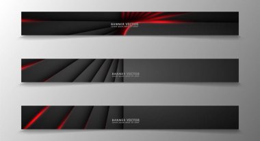 Banner koleksiyonu, karanlık bir odada parlayan neon kırmızı çizgili vektör arka plan.