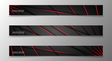 Banner koleksiyonu, karanlık bir odada parlayan neon kırmızı çizgili vektör arka plan.