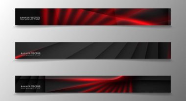 Banner koleksiyonu, karanlık bir odada parlayan neon kırmızı çizgili vektör arka plan.