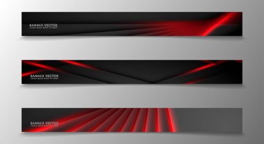 Banner koleksiyonu, karanlık bir odada parlayan neon kırmızı çizgili vektör arka plan.