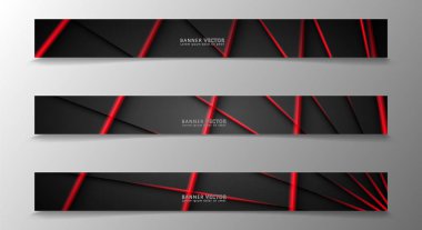 Banner koleksiyonu, karanlık bir odada parlayan neon kırmızı çizgili vektör arka plan.