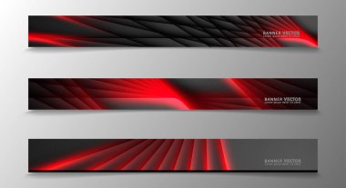Banner koleksiyonu, karanlık bir odada parlayan neon kırmızı çizgili vektör arka plan.