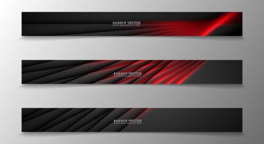 Banner koleksiyonu, karanlık bir odada parlayan neon kırmızı çizgili vektör arka plan.