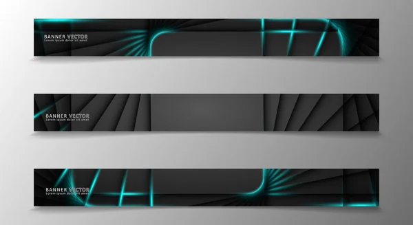Banner-Kollektion, Vektorhintergrund mit leuchtenden neonblauen Streifen in einem dunklen Raum. — Stockvektor