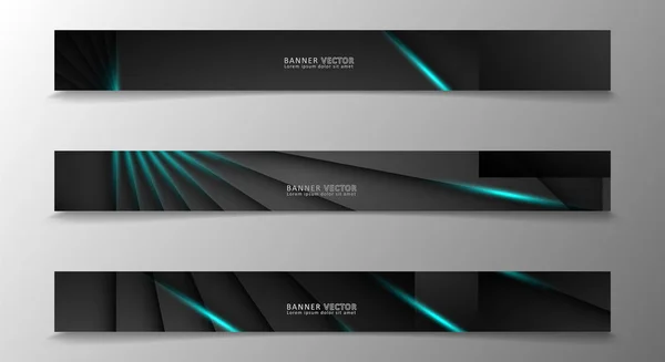 Colección de banners, fondo vectorial con brillantes rayas azules de neón en una habitación oscura . — Vector de stock