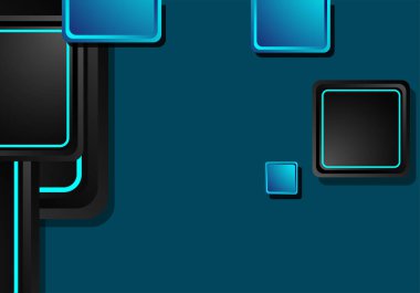 Siyah ve mavi neon kareler soyut yüksek teknoloji arkaplanı. Vektör geometrik tasarımı