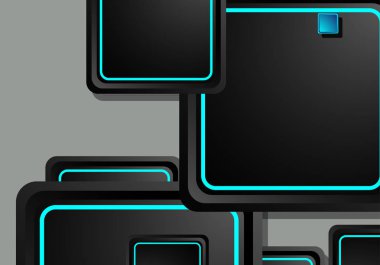 Siyah ve mavi neon kareler soyut yüksek teknoloji arkaplanı. Vektör geometrik tasarımı