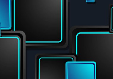 Siyah ve mavi neon kareler soyut yüksek teknoloji arkaplanı. Vektör geometrik tasarımı